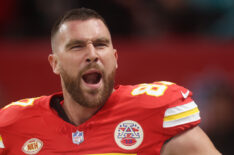 Travis Kelce #87 of the Kansas City Chiefs warms up prior to the NFL match between Miami Dolphins and Kansas City Chiefs at Deutsche Bank Park on November 05, 2023 in Frankfurt am Main, Germany.