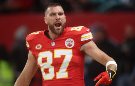 Travis Kelce #87 of the Kansas City Chiefs warms up prior to the NFL match between Miami Dolphins and Kansas City Chiefs at Deutsche Bank Park on November 05, 2023 in Frankfurt am Main, Germany.