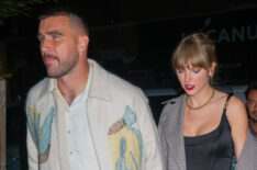 Travis Kelce and Taylor Swift are seen leaving the SNL after party on October 15, 2023 in New York, New York