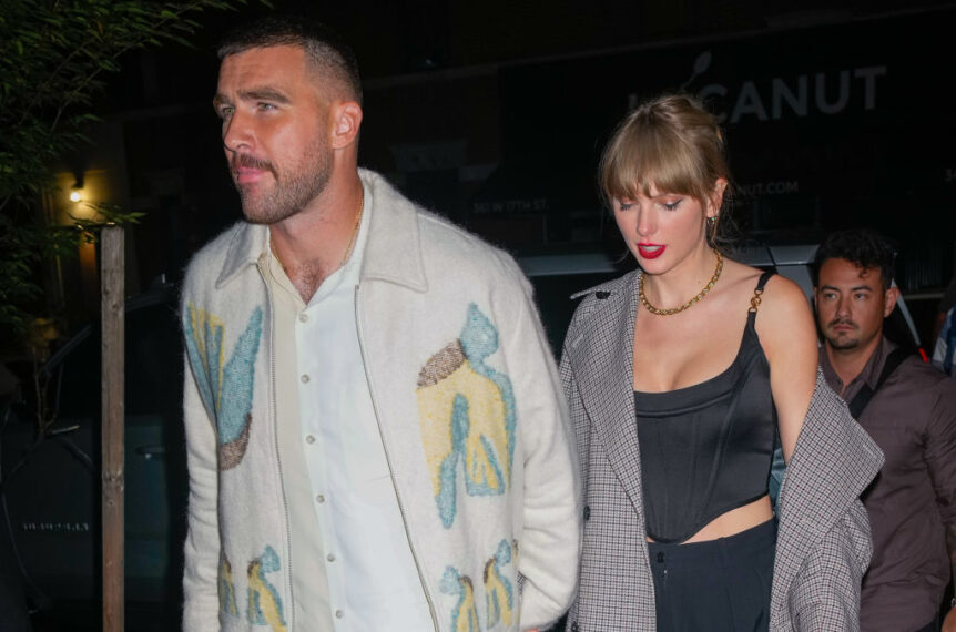 NEW YORK, NY - OCTOBER 15: Travis Kelce and Taylor Swift are seen leaving the SNL after party on October 15, 2023 in New York, New York