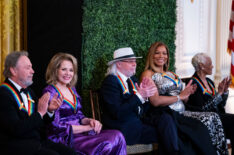 Comedian Billy Crystal, opera singer Renée Fleming, music star Barry Gibb, actor Queen Latifah and prolific hitmaker Dionne Warwick during the Kennedy Center Honorees Reception in the East Room of the White House on Sunday, December 3, 2023 in Washington, DC.