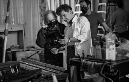 Producer Steven Spielberg and Writer/Director/Producer Bradley Cooper as Leonard Bernstein on the set of 'Maestro.'