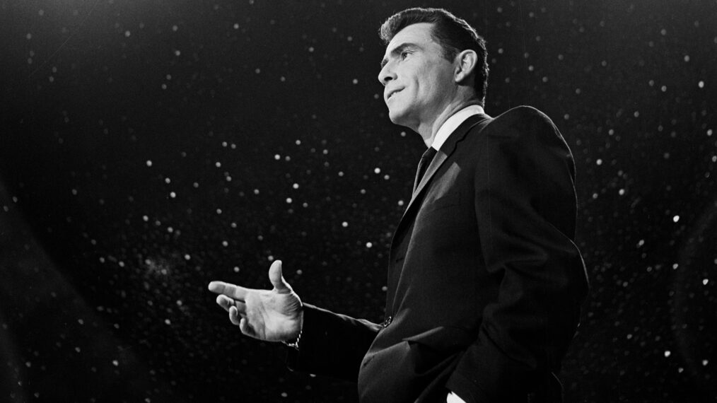 American writer and actor Rod Serling introduces an episode of his television show 'The Twilight Zone' entitled 'Cavender is Coming'