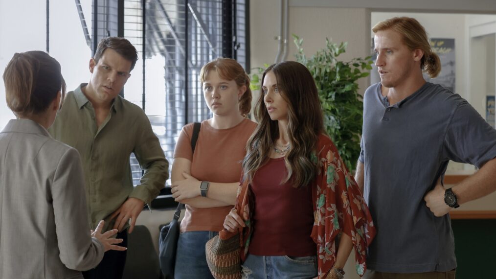 Jake Lacy as Troy, Essie Randles as Brooke, Alison Brie as Amy, and Conor Merrigan-Turner as Logan in 'Apples Never Fall'