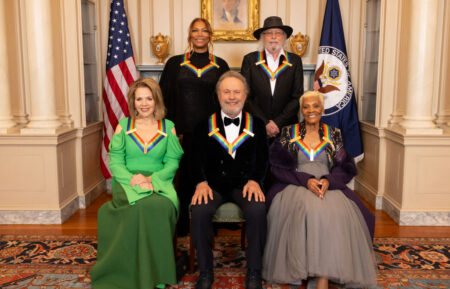 Queen Latifah and Barry Gibb. Pictured (L-R bottom row) Renée Fleming, Billy Crystal, and Dionne Warwick were recognized for their achievements in the performing arts during the 46th Annual Kennedy Center Honors