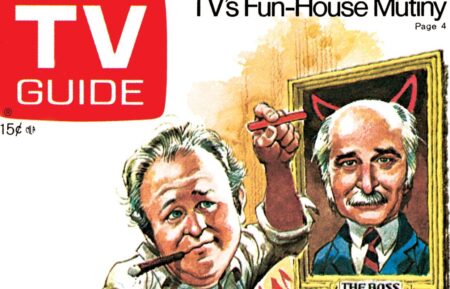 Norman Lear, Redd Foxx, Bill Macy, Carroll O'Connor, TV GUIDE cover, April 6-12, 1974. Illustration by Jack Davis.TV Guide/courtesy Everett Collection