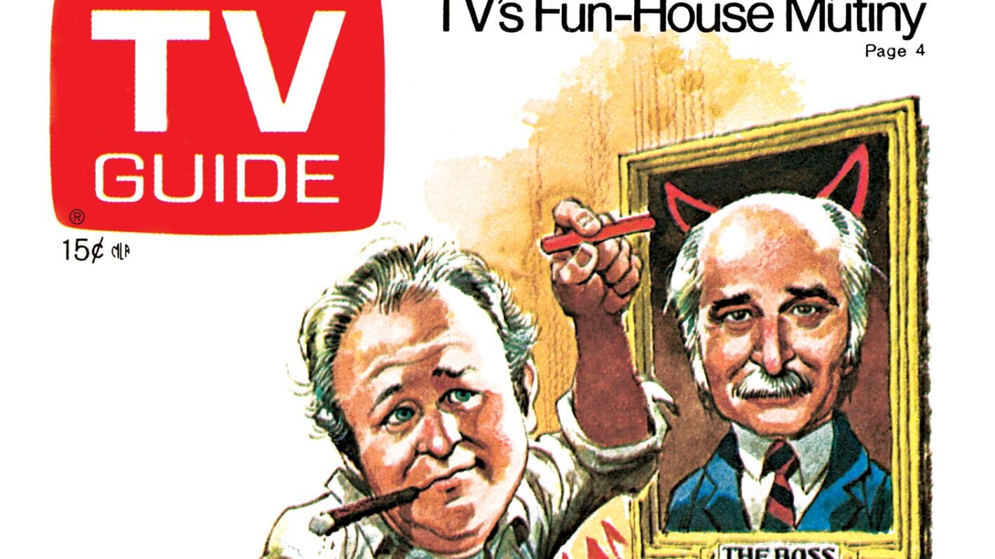 Norman Lear, Redd Foxx, Bill Macy, Carroll O'Connor, TV GUIDE cover, April 6-12, 1974. Illustration by Jack Davis.TV Guide/courtesy Everett Collection