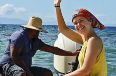 Emily Flippen waves while sitting on a boat in 'Survivor' Season 45 Episode 11