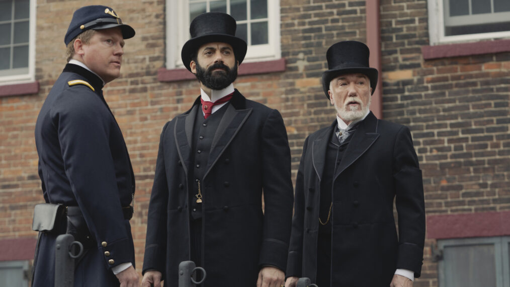 Morgan Spector as George Russell and Patrick Page as Richard Clay in 'The Gilded Age' Season 2 Episode 6