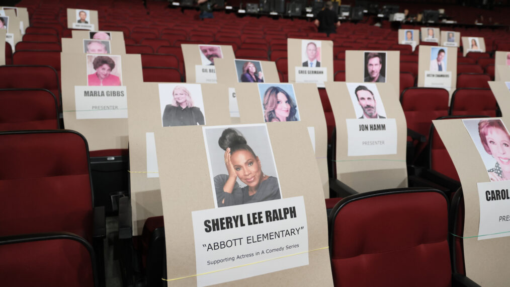 A general view of the celebrity seating placards at the 75th Primetime Emmys exclusive press preview at JW Marriott LA Live on January 12, 2024 in Los Angeles, California.