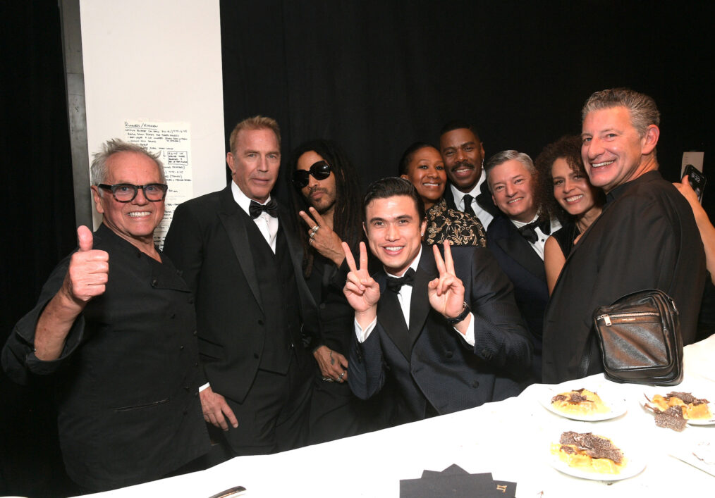 Wolfgang Puck, Kevin Costner, Lenny Kravitz, Charles Melton, Nicole Avant, Colman Domingo, Ted Sarandos, Co-CEO of Netflix, and guests attend Netflix's 2024 Golden Globe After Party at Spago on January 07, 2024 in Beverly Hills, California