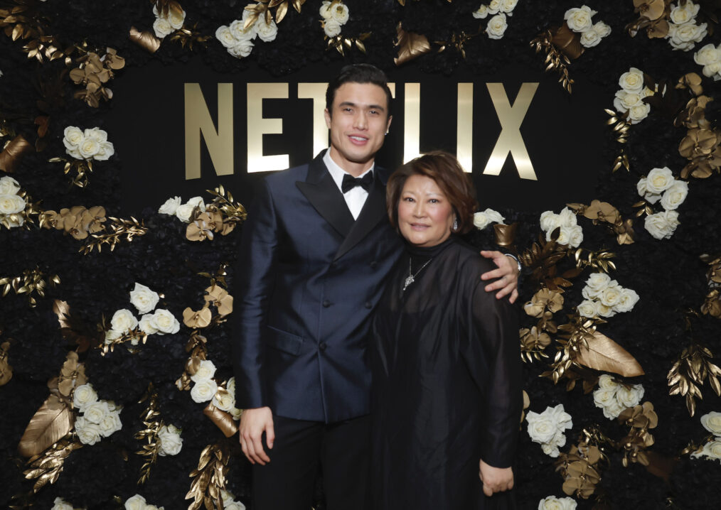 Charles Melton and his mom, Sukyong Melton, attend the 2024 Golden Globe Netflix After Party