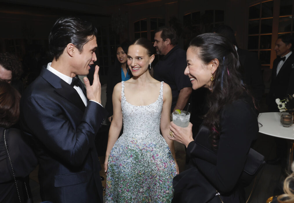 Charles Melton, Natalie Portman and Elizabeth Chai Vasarhelyi attend the 2024 Golden Globe Netflix After Party