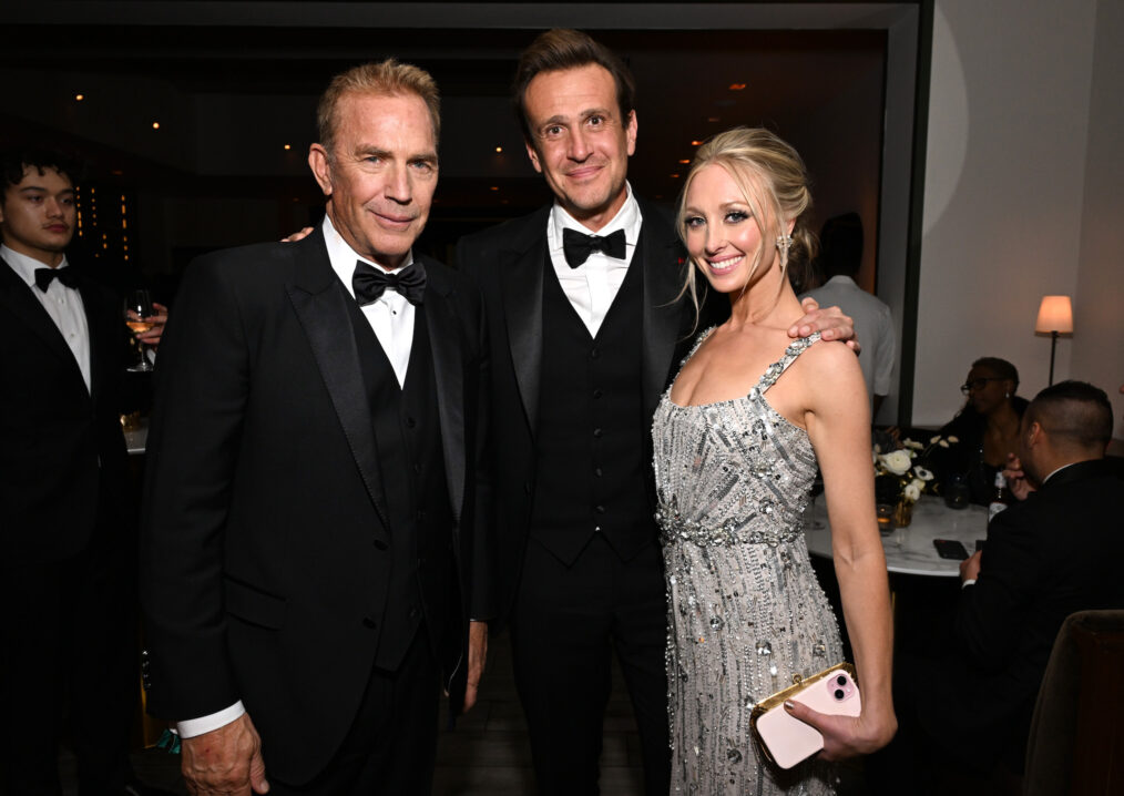 Kevin Costner, Jason Segel, and Kayla Radomski attend Netflix's 2024 Golden Globe After Party at Spago on January 07, 2024 in Beverly Hills, California.