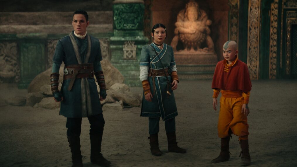 Ian Ousley as Sokka, Kiawentiio as Katara, Gordon Cormier as Aang in season 1 of Avatar: The Last Airbender