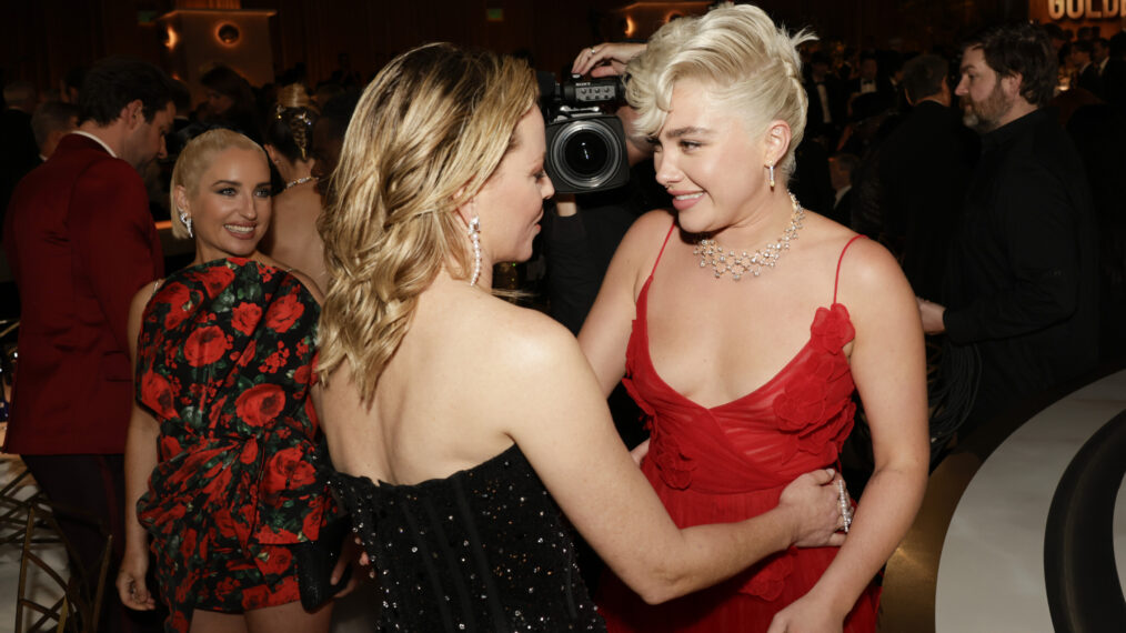Elizabeth Banks and Florence Pugh at the 81st Annual Golden Globe Awards, airing live from the Beverly Hilton in Beverly Hills, California on Sunday, January 7, 2024, at 8 PM ET/5 PM PT, on CBS and streaming on Paramount+. Photo: Francis Specker/CBS ©2024 CBS Broadcasting, Inc. All Rights Reserved.