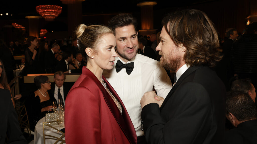 Emily Blunt, John Krasinski, and Jason Bateman at the 81st Annual Golden Globe Awards, airing live from the Beverly Hilton in Beverly Hills, California on Sunday, January 7, 2024, at 8 PM ET/5 PM PT, on CBS and streaming on Paramount+. Photo: Francis Specker/CBS ©2024 CBS Broadcasting, Inc. All Rights Reserved.
