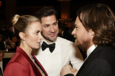 Emily Blunt, John Krasinski, and Jason Bateman at the 81st Annual Golden Globe Awards, airing live from the Beverly Hilton in Beverly Hills, California on Sunday, January 7, 2024, at 8 PM ET/5 PM PT, on CBS and streaming on Paramount+. Photo: Francis Specker/CBS ©2024 CBS Broadcasting, Inc. All Rights Reserved.