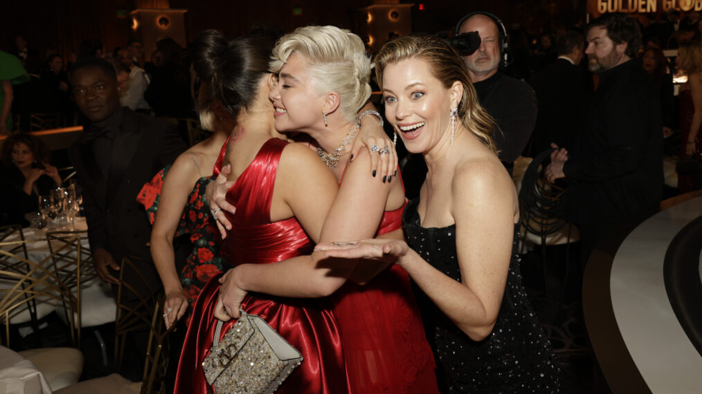 Florence Pugh and Elizabeth Banks at the 81st Annual Golden Globe Awards, airing live from the Beverly Hilton in Beverly Hills, California on Sunday, January 7, 2024, at 8 PM ET/5 PM PT, on CBS and streaming on Paramount+. Photo: Francis Specker/CBS ©2024 CBS Broadcasting, Inc. All Rights Reserved.