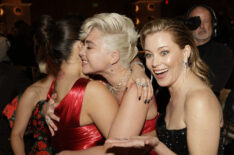 Florence Pugh and Elizabeth Banks at the 81st Annual Golden Globe Awards, airing live from the Beverly Hilton in Beverly Hills, California on Sunday, January 7, 2024, at 8 PM ET/5 PM PT, on CBS and streaming on Paramount+. Photo: Francis Specker/CBS ©2024 CBS Broadcasting, Inc. All Rights Reserved.