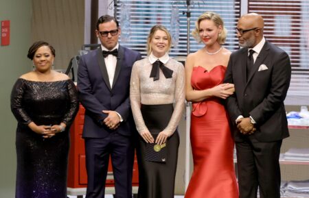 Chandra Wilson, Justin Chambers, Ellen Pompeo, Katherine Heigl and James Pickens speak onstage during the 75th Primetime Emmy Awards at Peacock Theater on January 15, 2024 in Los Angeles, California.
