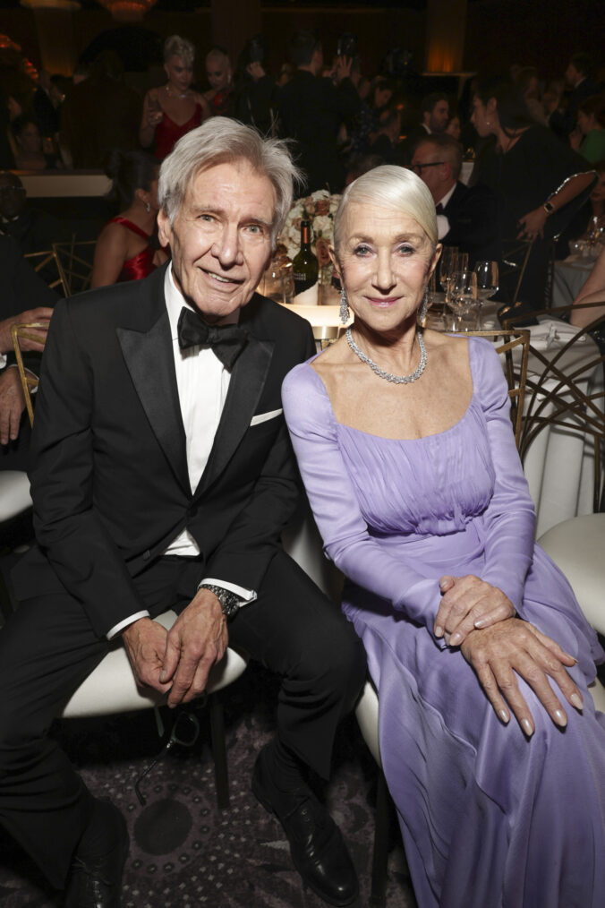 Helen Mirren and Harrison Ford at the 81st Annual Golden Globe Awards, airing live from the Beverly Hilton in Beverly Hills, California on Sunday, January 7, 2024, at 8 PM ET/5 PM PT, on CBS and streaming on Paramount+. Photo: Todd Williamson/CBS ©2024 CBS Broadcasting, Inc. All Rights Reserved.