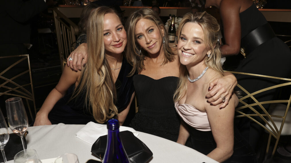 Jennifer Lawrence, Jennifer Aniston and Reese Witherspoon at the 81st Annual Golden Globe Awards, airing live from the Beverly Hilton in Beverly Hills, California on Sunday, January 7, 2024, at 8 PM ET/5 PM PT, on CBS and streaming on Paramount+. Photo: Todd Williamson/CBS ©2024 CBS Broadcasting, Inc. All Rights Reserved.