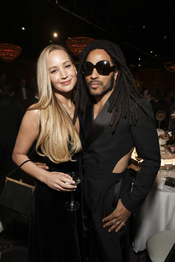 Jennifer Lawrence and Lenny Kravitz at the 81st Annual Golden Globe Awards, airing live from the Beverly Hilton in Beverly Hills, California on Sunday, January 7, 2024, at 8 PM ET/5 PM PT, on CBS and streaming on Paramount+. Photo: Todd Williamson/CBS ©2024 CBS Broadcasting, Inc. All Rights Reserved.