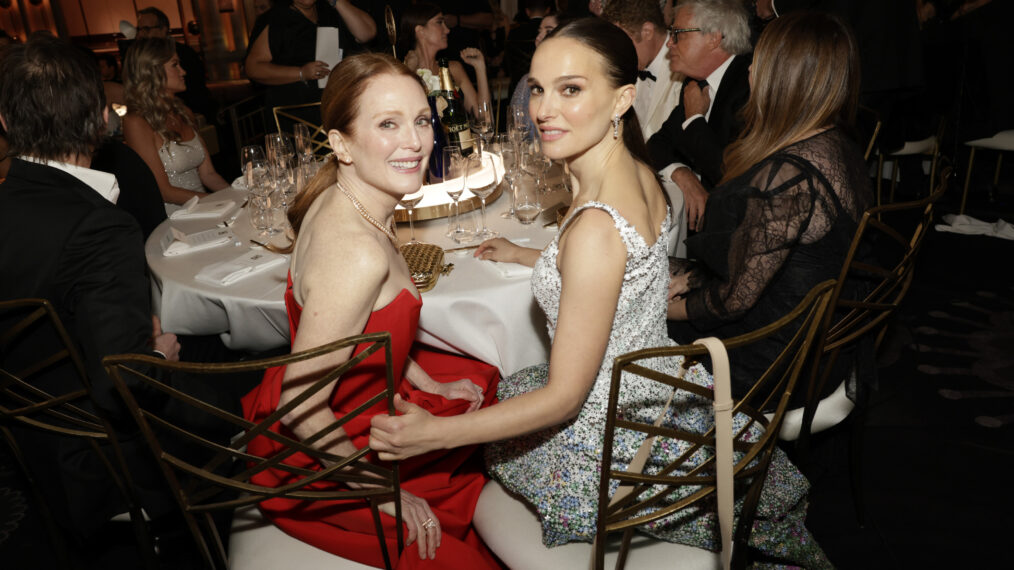 Julianne Moore and Natalie Portman at the 81st Annual Golden Globe Awards, airing live from the Beverly Hilton in Beverly Hills, California on Sunday, January 7, 2024, at 8 PM ET/5 PM PT, on CBS and streaming on Paramount+. Photo: Francis Specker/CBS ©2024 CBS Broadcasting, Inc. All Rights Reserved.