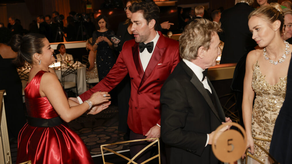 Selena Gomez, John Krasinski, Martin Short and Emily Blunt at the 81st Annual Golden Globe Awards, airing live from the Beverly Hilton in Beverly Hills, California on Sunday, January 7, 2024, at 8 PM ET/5 PM PT, on CBS and streaming on Paramount+. Photo: Francis Specker/CBS ©2024 CBS Broadcasting, Inc. All Rights Reserved.