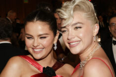 Selena Gomez and Florence Pugh at the 81st Annual Golden Globe Awards, airing live from the Beverly Hilton in Beverly Hills, California on Sunday, January 7, 2024, at 8 PM ET/5 PM PT, on CBS and streaming on Paramount+. Photo: Francis Specker/CBS ©2024 CBS Broadcasting, Inc. All Rights Reserved.