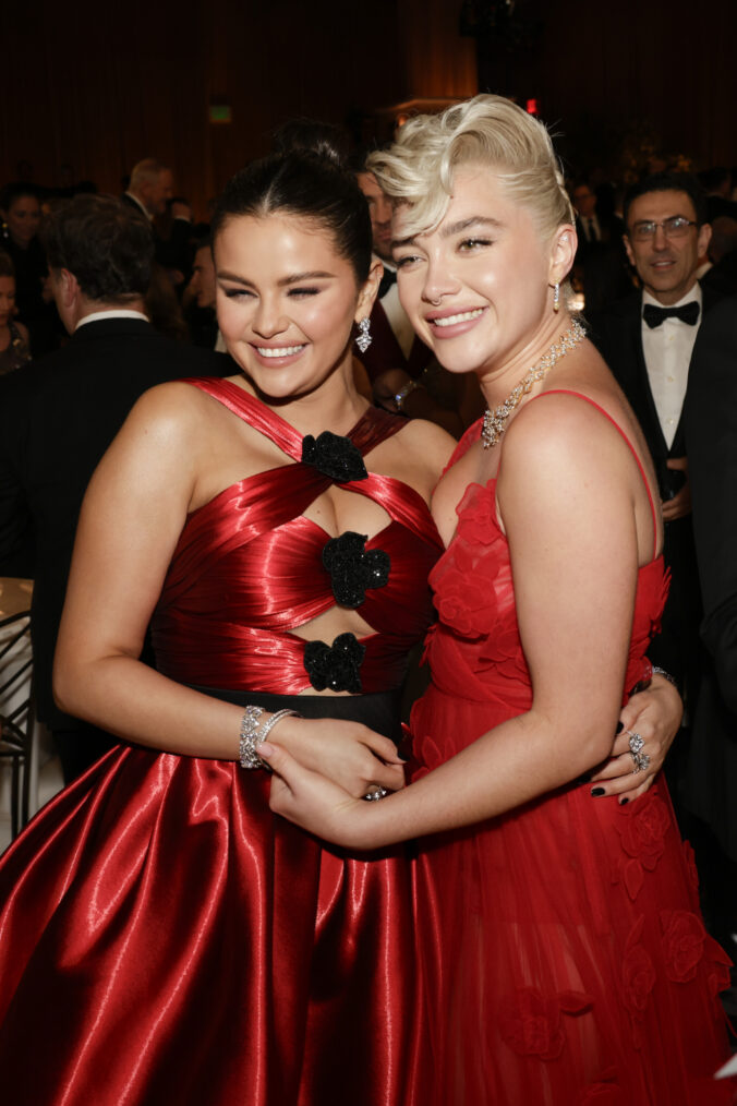 Selena Gomez and Florence Pugh at the 81st Annual Golden Globe Awards, airing live from the Beverly Hilton in Beverly Hills, California on Sunday, January 7, 2024, at 8 PM ET/5 PM PT, on CBS and streaming on Paramount+. Photo: Francis Specker/CBS ©2024 CBS Broadcasting, Inc. All Rights Reserved.
