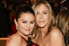 Selena Gomez and Jennifer Aniston at the 81st Annual Golden Globe Awards, airing live from the Beverly Hilton in Beverly Hills, California on Sunday, January 7, 2024, at 8 PM ET/5 PM PT, on CBS and streaming on Paramount+. Photo: Francis Specker/CBS ©2024 CBS Broadcasting, Inc. All Rights Reserved.