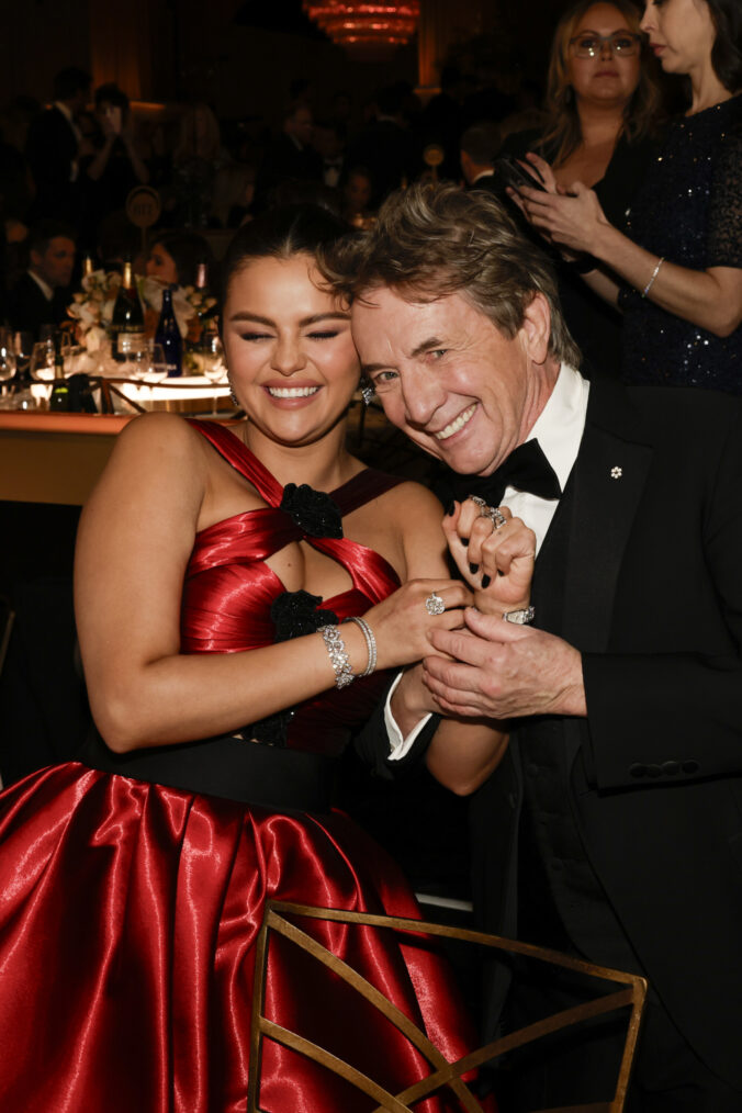 Selena Gomez and Martin Short at the 81st Annual Golden Globe Awards, airing live from the Beverly Hilton in Beverly Hills, California on Sunday, January 7, 2024, at 8 PM ET/5 PM PT, on CBS and streaming on Paramount+. Photo: Francis Specker/CBS ©2024 CBS Broadcasting, Inc. All Rights Reserved.