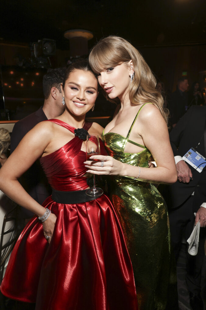 Selena Gomez and Taylor Swift at the 81st Annual Golden Globe Awards, airing live from the Beverly Hilton in Beverly Hills, California on Sunday, January 7, 2024, at 8 PM ET/5 PM PT, on CBS and streaming on Paramount+. Photo: Todd Williamson/CBS ©2024 CBS Broadcasting, Inc. All Rights Reserved.