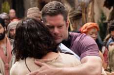 Dallas Jenkins hugging Jonathan Roumie behind the scenes of 'The Chosen'