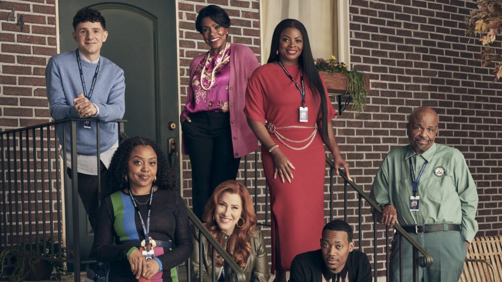 Quinta Brunson as Janine, Sheryl Lee Ralph as Barbara, Tyler James Williams as Gregory, Janelle James as Ava, Lisa Ann Walter as Melissa, Chris Perfetti as Jacob, and William Stanford Davis as Mr. Johnson for 'Abbott Elementary' Season 3