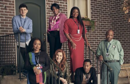 Quinta Brunson as Janine, Sheryl Lee Ralph as Barbara, Tyler James Williams as Gregory, Janelle James as Ava, Lisa Ann Walter as Melissa, Chris Perfetti as Jacob, and William Stanford Davis as Mr. Johnson for 'Abbott Elementary' Season 3