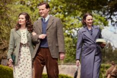 Rachel Shenton as Helen Herriot, Nicholas Ralph as James Herriot, and Anna Madeley as Mrs. Hall in All Creatures Great and Small