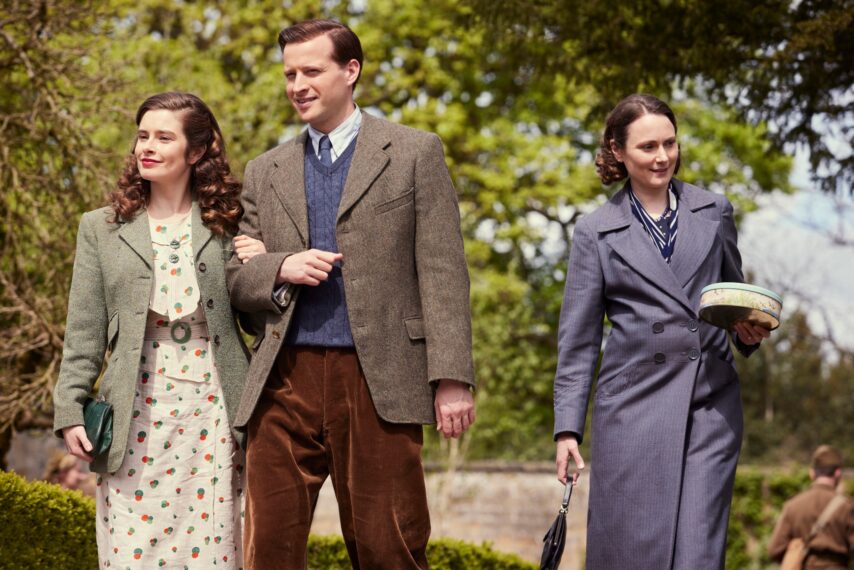 Rachel Shenton as Helen Herriot, Nicholas Ralph as James Herriot and Anna Madeley as Mrs. Hall in All Creatures Great and Small