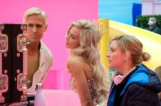 Ryan Gosling, Margot Robbie, and Greta Gerwig behind the scenes of 'Barbie'