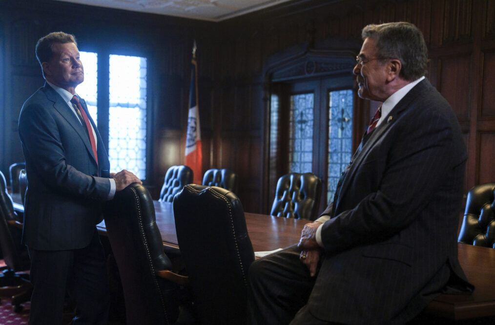 Dylan Walsh as Mayor Chase and Tom Selleck as Frank Reagan in 'Blue Bloods' Season 14 Episode 1