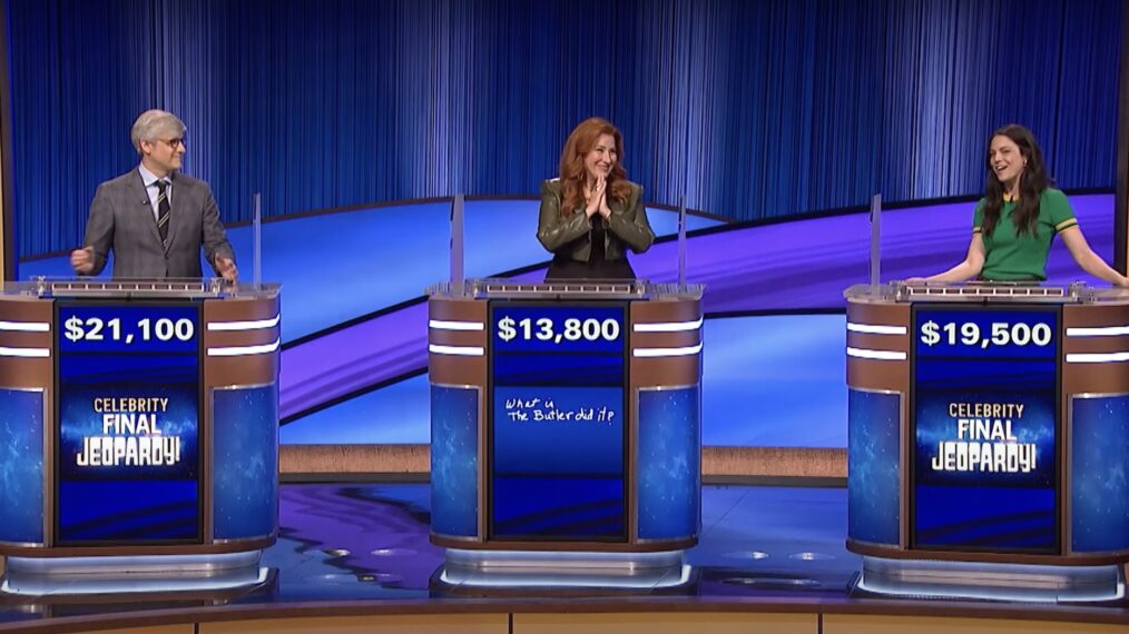 Mo Rocca, Lisa Ann Walter, and Katie Nolan on Celebrity Jeopardy finale