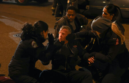 Hanako Greensmith, David Eigenberg, Daniel Kyri, Miranda Rae Mayo, and Kara Killmer in 'Chicago Fire'