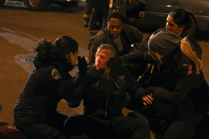 Hanako Greensmith, David Eigenberg, Daniel Kyri, Miranda Rae Mayo, and Kara Killmer in 'Chicago Fire'