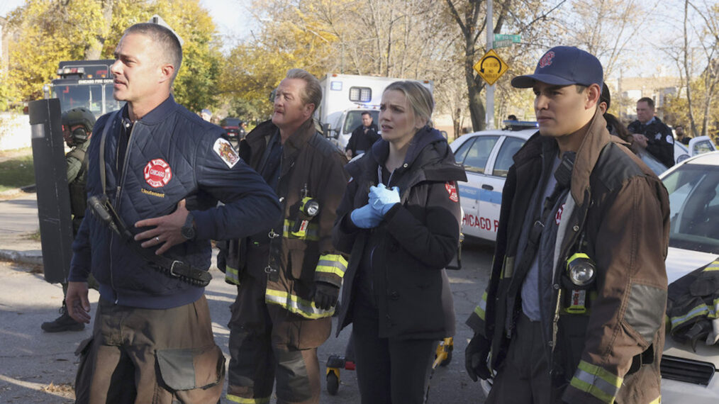 Taylor Kinney as Kelly Severide, Christian Stolte as Randall McHolland, Kara Killmer as Sylvie Brett, Alberto Rosende as Gallo in 'Chicago Fire' - Season 11