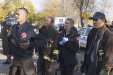 Taylor Kinney as Kelly Severide, Christian Stolte as Randall McHolland, Kara Killmer as Sylvie Brett, Alberto Rosende as Gallo in 'Chicago Fire' - Season 11