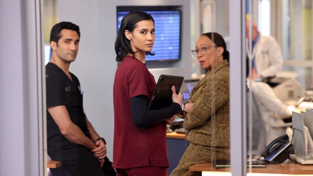 Dominic Rains as Dr. Crockett Marcel, Sophia Ali as Dr. Zola Ahmad, and S. Epatha Merkerson as Sharon Goodwin in 'Chicago Med' - Season 9, Episode 2