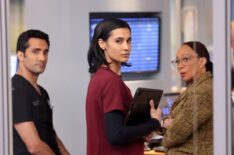 Dominic Rains as Dr. Crockett Marcel, Sophia Ali as Dr. Zola Ahmad, and S. Epatha Merkerson as Sharon Goodwin in 'Chicago Med' - Season 9, Episode 2