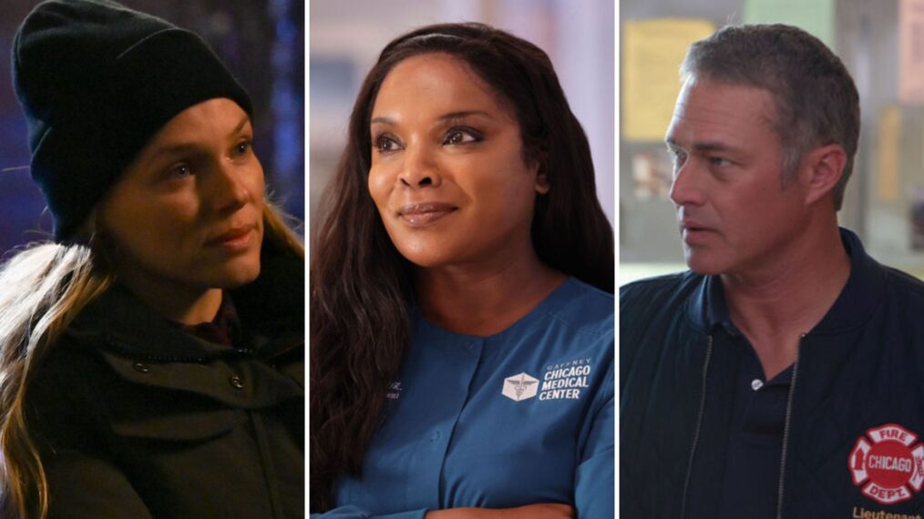 Tracy Spiridakos as Hailey Upton on 'Chicago P.D.,' Marlyne Barrett as Maggie Lockwood on 'Chicago Med,' and Taylor Kinney as Kelly Severide on 'Chicago Fire'